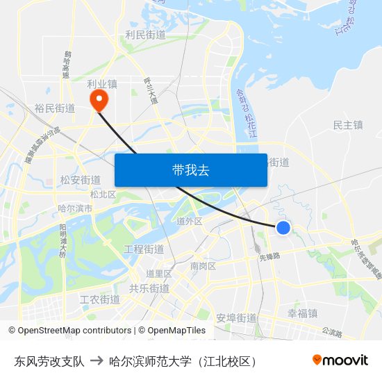 东风劳改支队 to 哈尔滨师范大学（江北校区） map