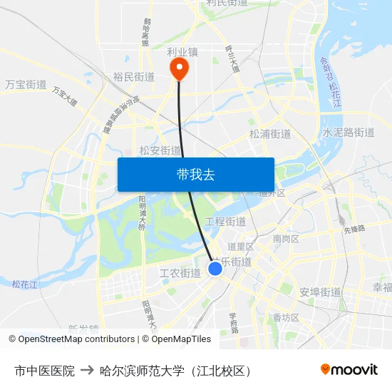 市中医医院 to 哈尔滨师范大学（江北校区） map