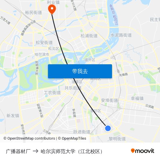 广播器材厂 to 哈尔滨师范大学（江北校区） map
