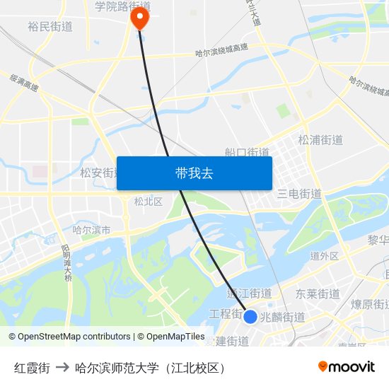 红霞街 to 哈尔滨师范大学（江北校区） map