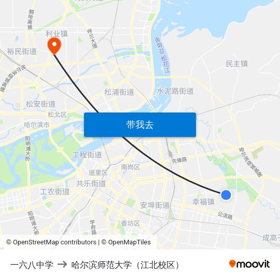 一六八中学 to 哈尔滨师范大学（江北校区） map