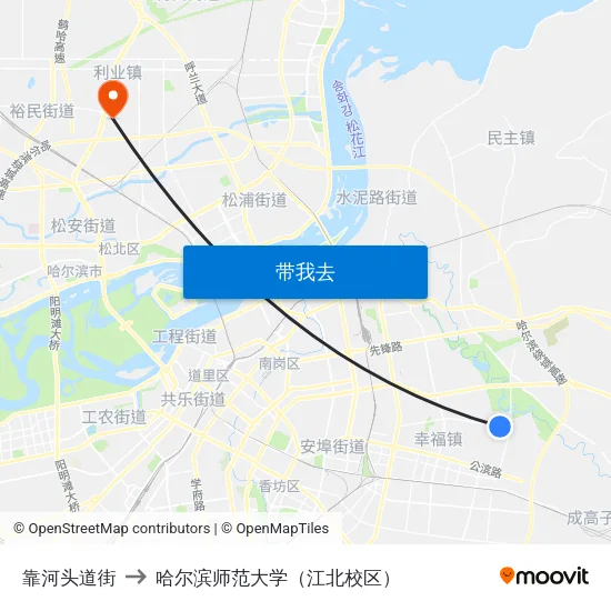 靠河头道街 to 哈尔滨师范大学（江北校区） map