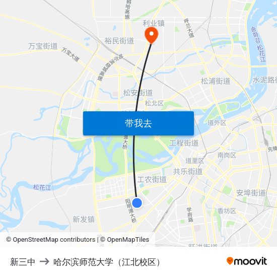 新三中 to 哈尔滨师范大学（江北校区） map