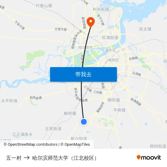 五一村 to 哈尔滨师范大学（江北校区） map