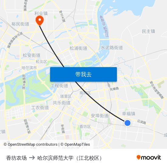香坊农场 to 哈尔滨师范大学（江北校区） map