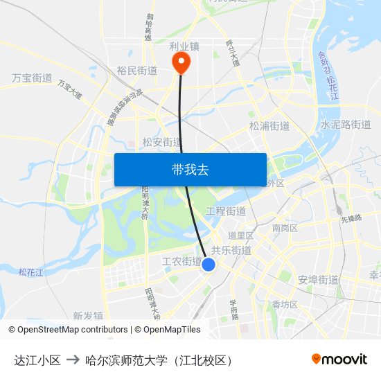 达江小区 to 哈尔滨师范大学（江北校区） map