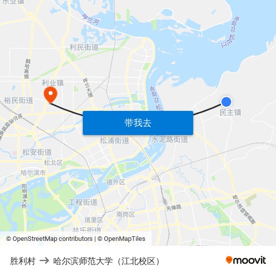 胜利村 to 哈尔滨师范大学（江北校区） map