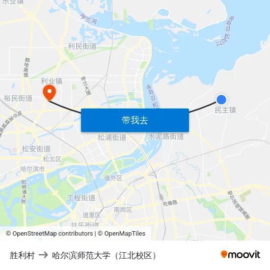 胜利村 to 哈尔滨师范大学（江北校区） map