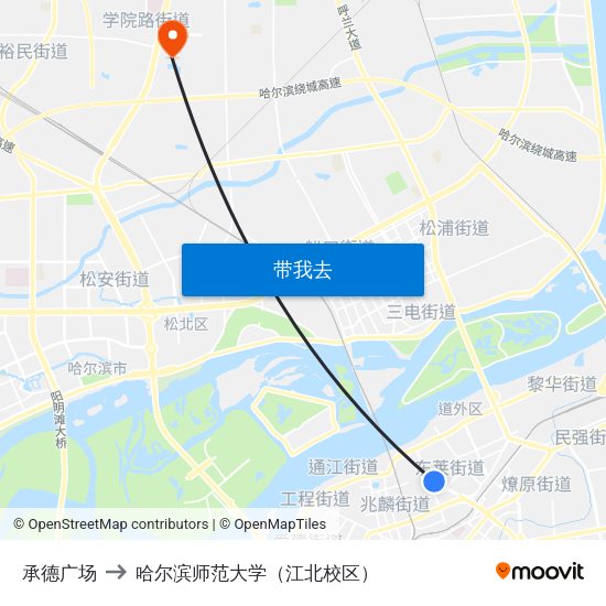承德广场 to 哈尔滨师范大学（江北校区） map