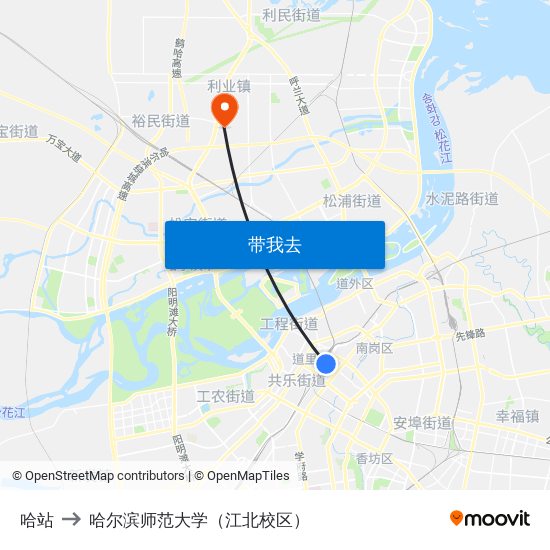 哈站 to 哈尔滨师范大学（江北校区） map