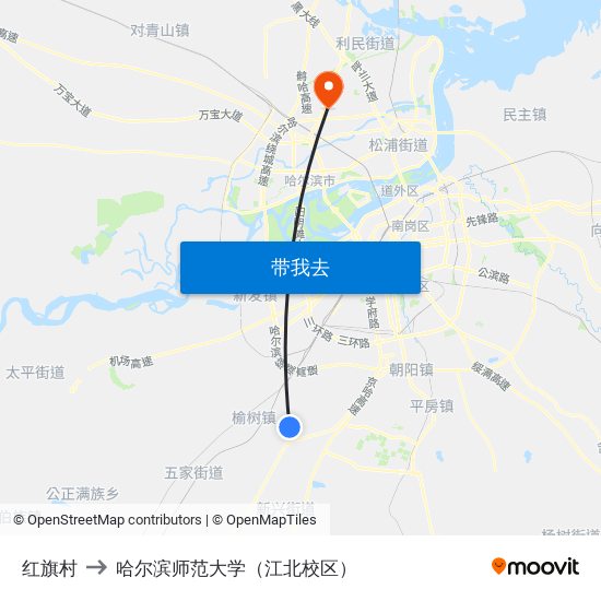 红旗村 to 哈尔滨师范大学（江北校区） map