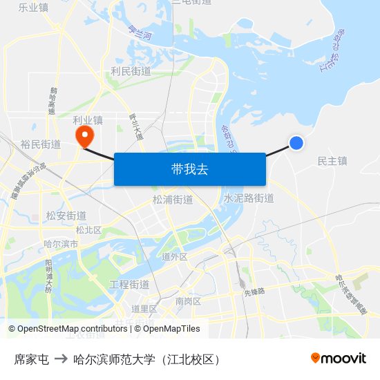 席家屯 to 哈尔滨师范大学（江北校区） map