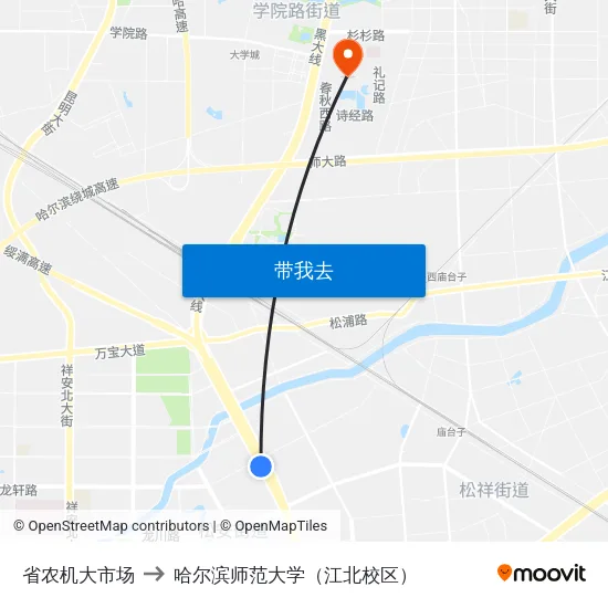 省农机大市场 to 哈尔滨师范大学（江北校区） map