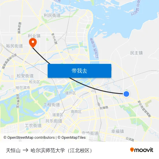 天恒山 to 哈尔滨师范大学（江北校区） map