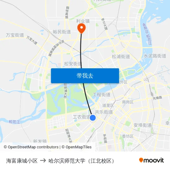 海富康城小区 to 哈尔滨师范大学（江北校区） map