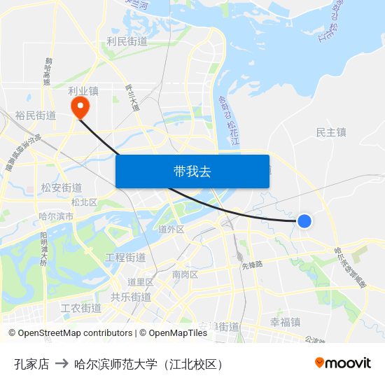 孔家店 to 哈尔滨师范大学（江北校区） map