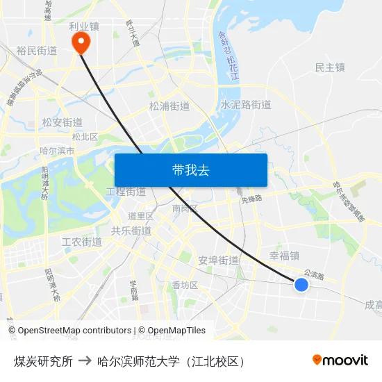 煤炭研究所 to 哈尔滨师范大学（江北校区） map