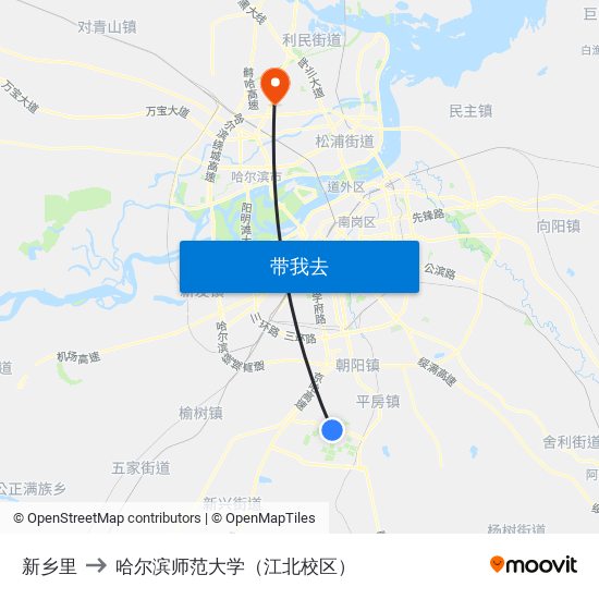 新乡里 to 哈尔滨师范大学（江北校区） map
