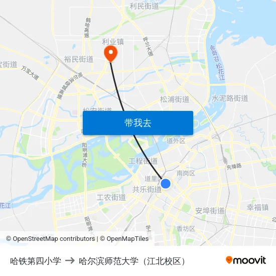 哈铁第四小学 to 哈尔滨师范大学（江北校区） map