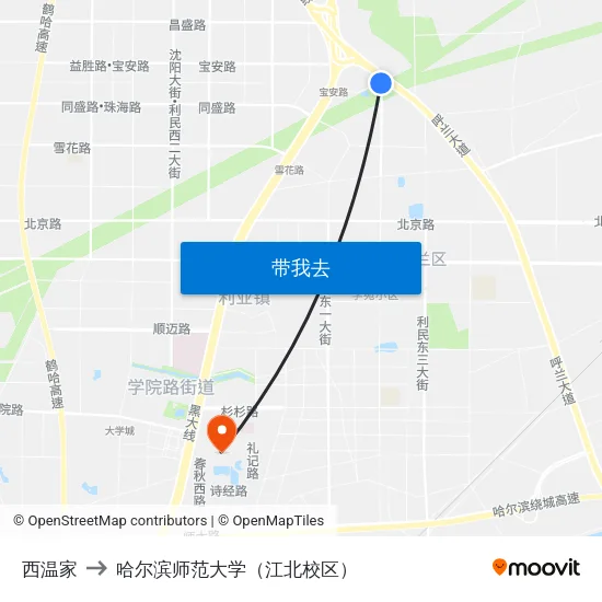 西温家 to 哈尔滨师范大学（江北校区） map