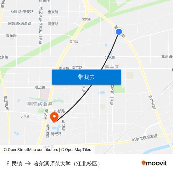 利民镇 to 哈尔滨师范大学（江北校区） map