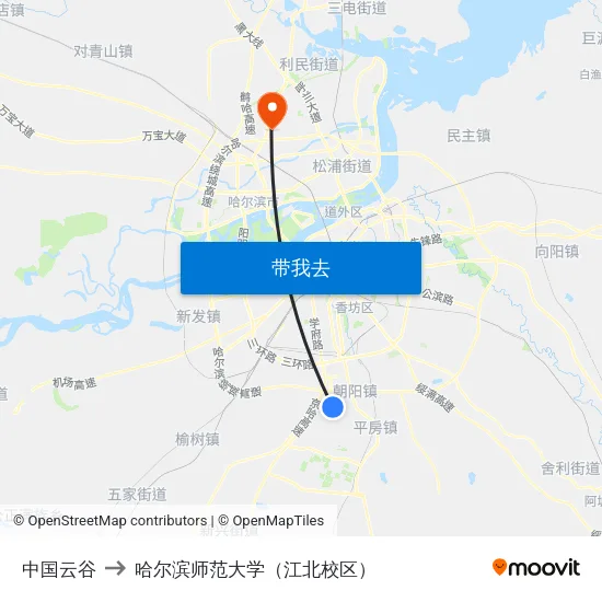 中国云谷 to 哈尔滨师范大学（江北校区） map