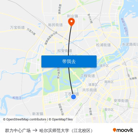 群力中心广场 to 哈尔滨师范大学（江北校区） map