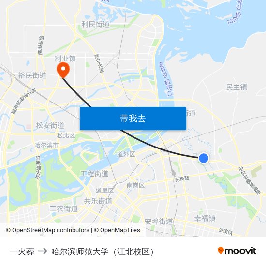 一火葬 to 哈尔滨师范大学（江北校区） map