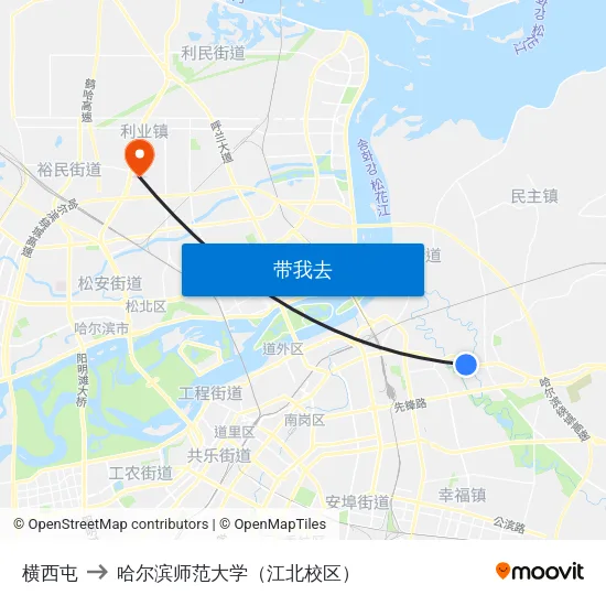 横西屯 to 哈尔滨师范大学（江北校区） map