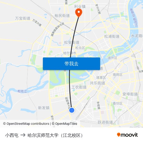 小西屯 to 哈尔滨师范大学（江北校区） map