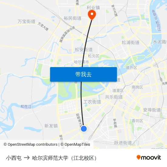 小西屯 to 哈尔滨师范大学（江北校区） map