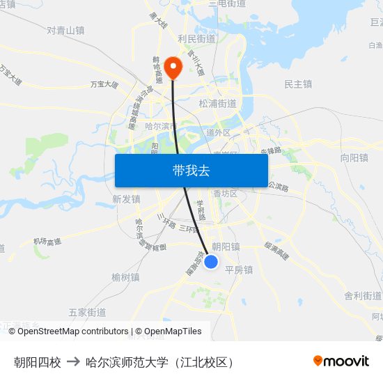 朝阳四校 to 哈尔滨师范大学（江北校区） map