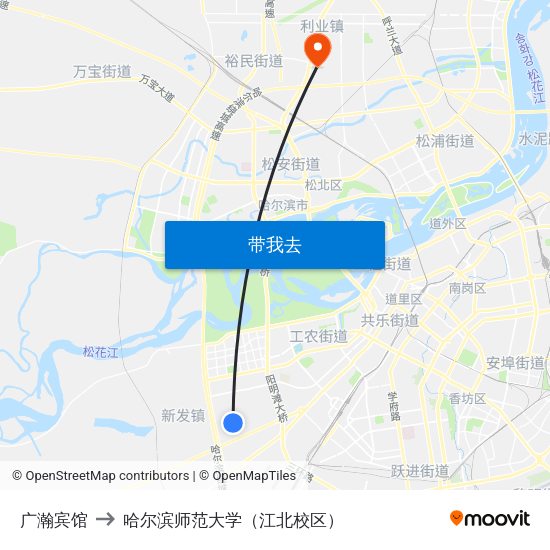 广瀚宾馆 to 哈尔滨师范大学（江北校区） map