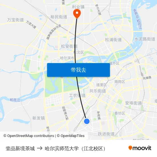 壹品新境茶城 to 哈尔滨师范大学（江北校区） map