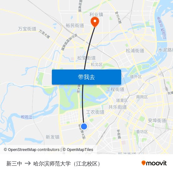 新三中 to 哈尔滨师范大学（江北校区） map