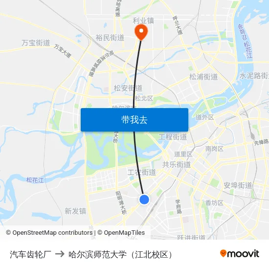 汽车齿轮厂 to 哈尔滨师范大学（江北校区） map