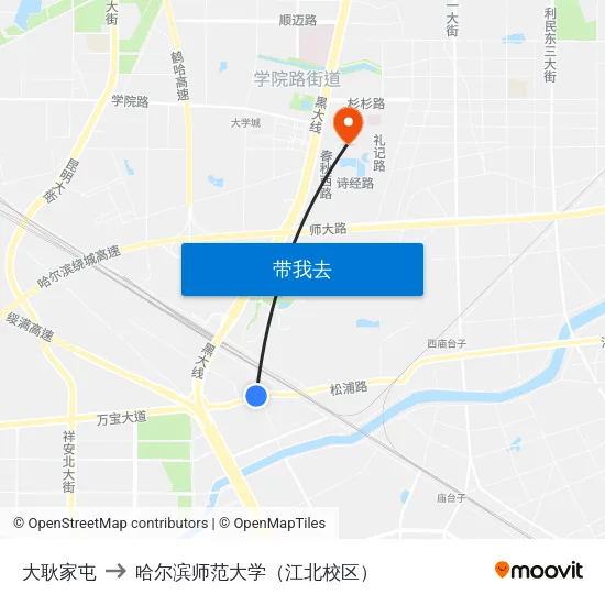 大耿家屯 to 哈尔滨师范大学（江北校区） map