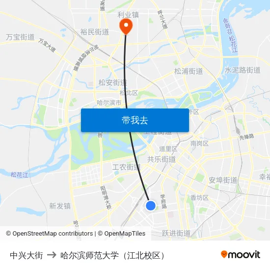 中兴大街 to 哈尔滨师范大学（江北校区） map
