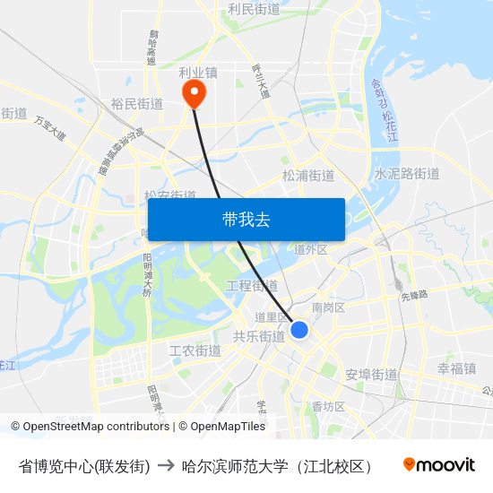 省博览中心(联发街) to 哈尔滨师范大学（江北校区） map