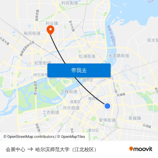 会展中心 to 哈尔滨师范大学（江北校区） map