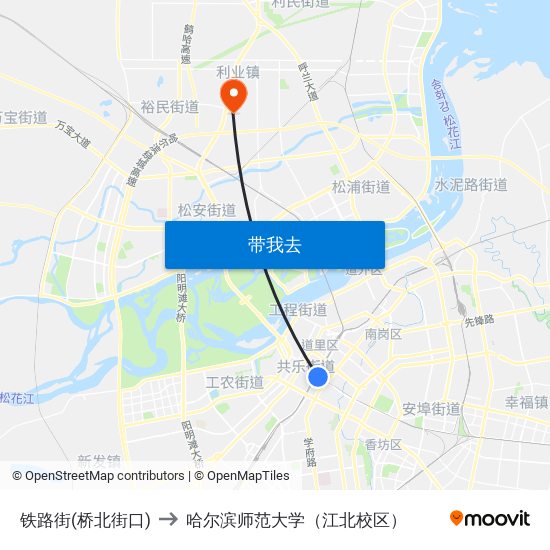 铁路街(桥北街口) to 哈尔滨师范大学（江北校区） map