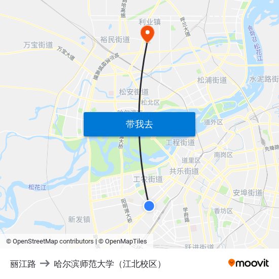 丽江路 to 哈尔滨师范大学（江北校区） map