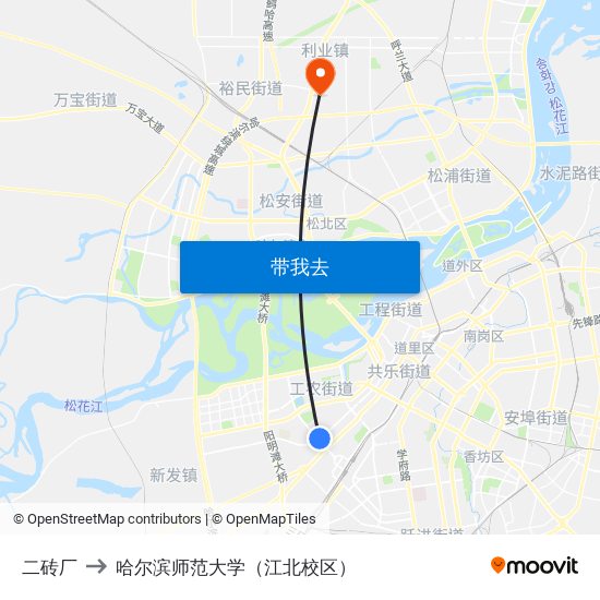 二砖厂 to 哈尔滨师范大学（江北校区） map