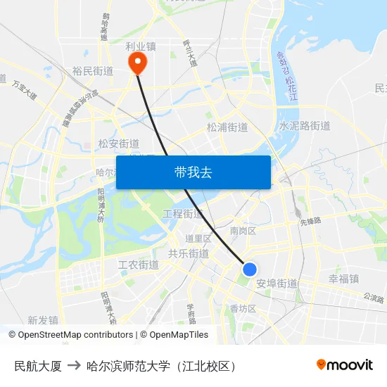 民航大厦 to 哈尔滨师范大学（江北校区） map