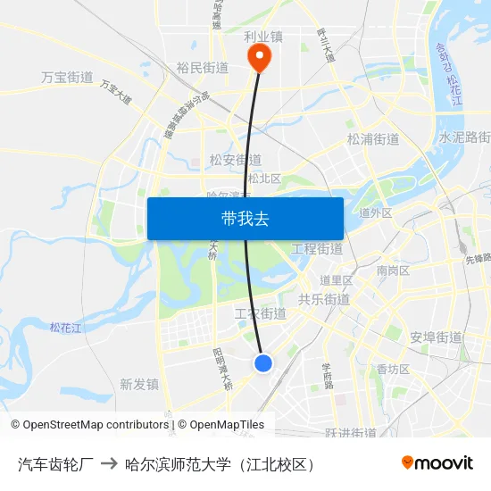 汽车齿轮厂 to 哈尔滨师范大学（江北校区） map