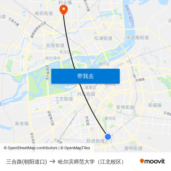 三合路(朝阳道口) to 哈尔滨师范大学（江北校区） map