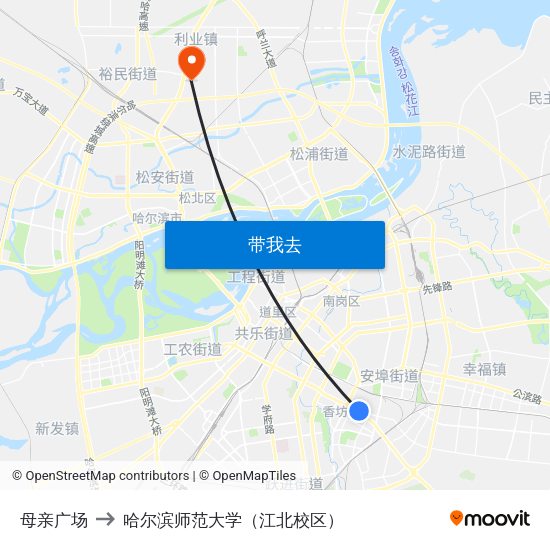 母亲广场 to 哈尔滨师范大学（江北校区） map
