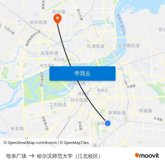 母亲广场 to 哈尔滨师范大学（江北校区） map