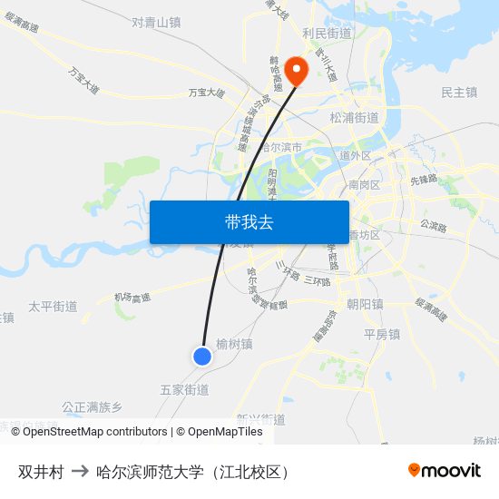 双井村 to 哈尔滨师范大学（江北校区） map