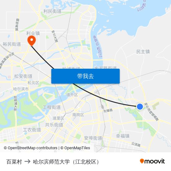 百菜村 to 哈尔滨师范大学（江北校区） map